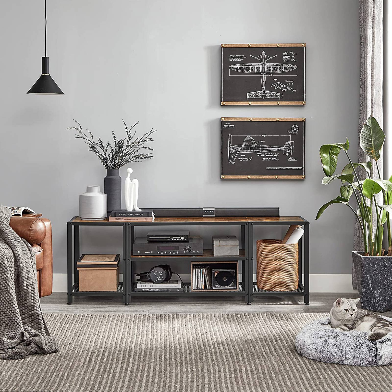 TV Stand – Wood and Metal – Rustic Brown and Black – Multi-Tier Design with Open Storage Shelves