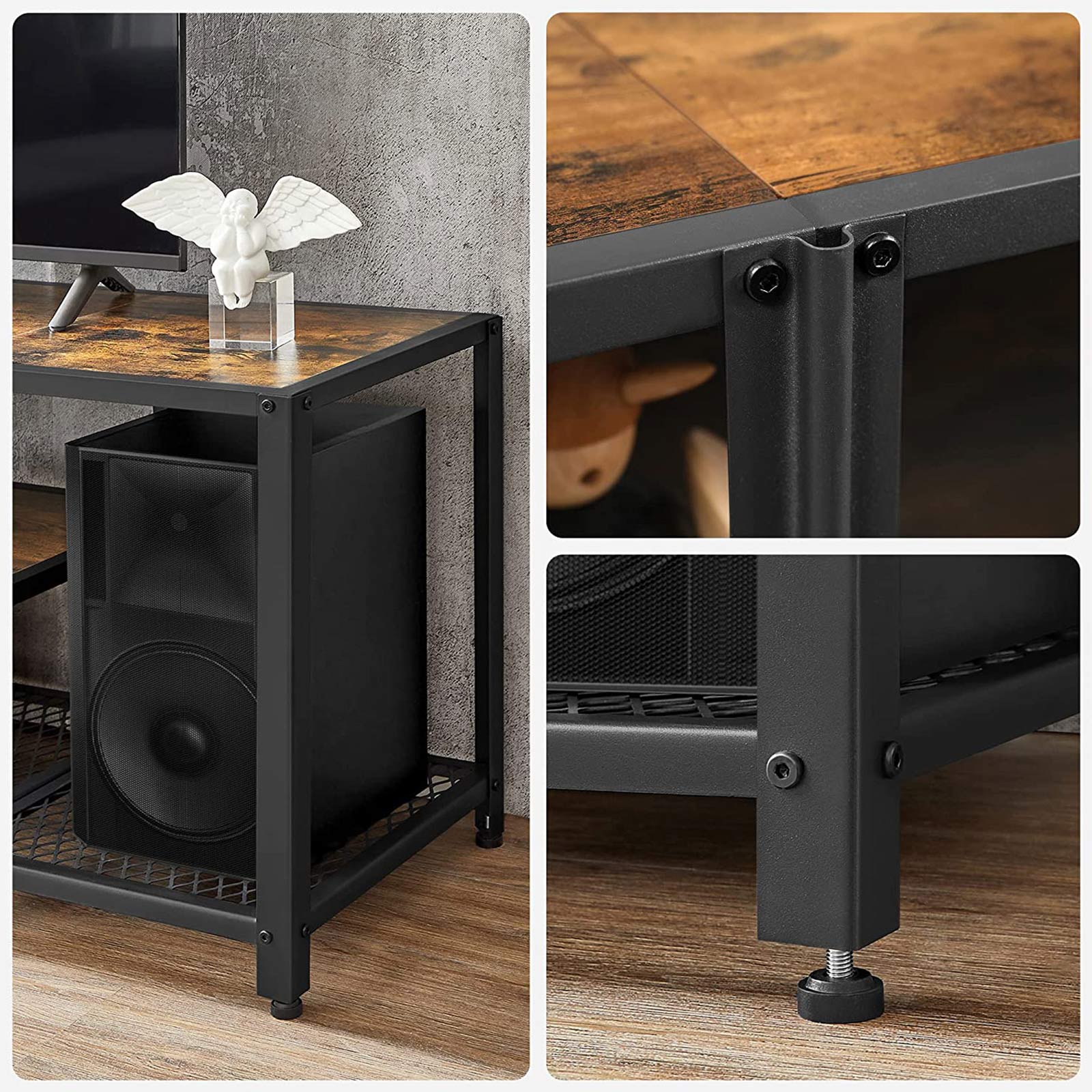 TV Stand – Wood and Metal – Rustic Brown and Black – Multi-Tier Design with Open Storage Shelves