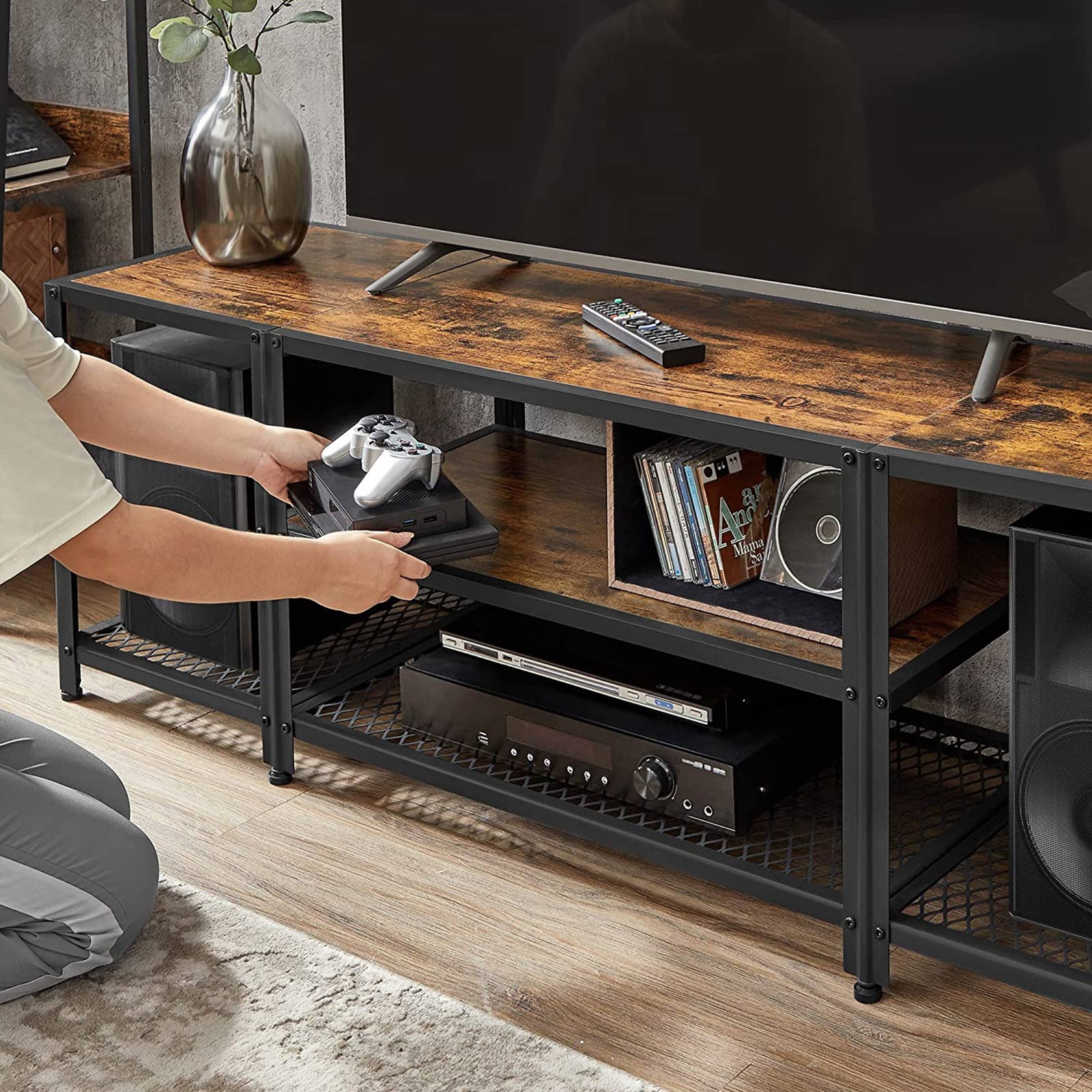 TV Stand – Wood and Metal – Rustic Brown and Black – Multi-Tier Design with Open Storage Shelves