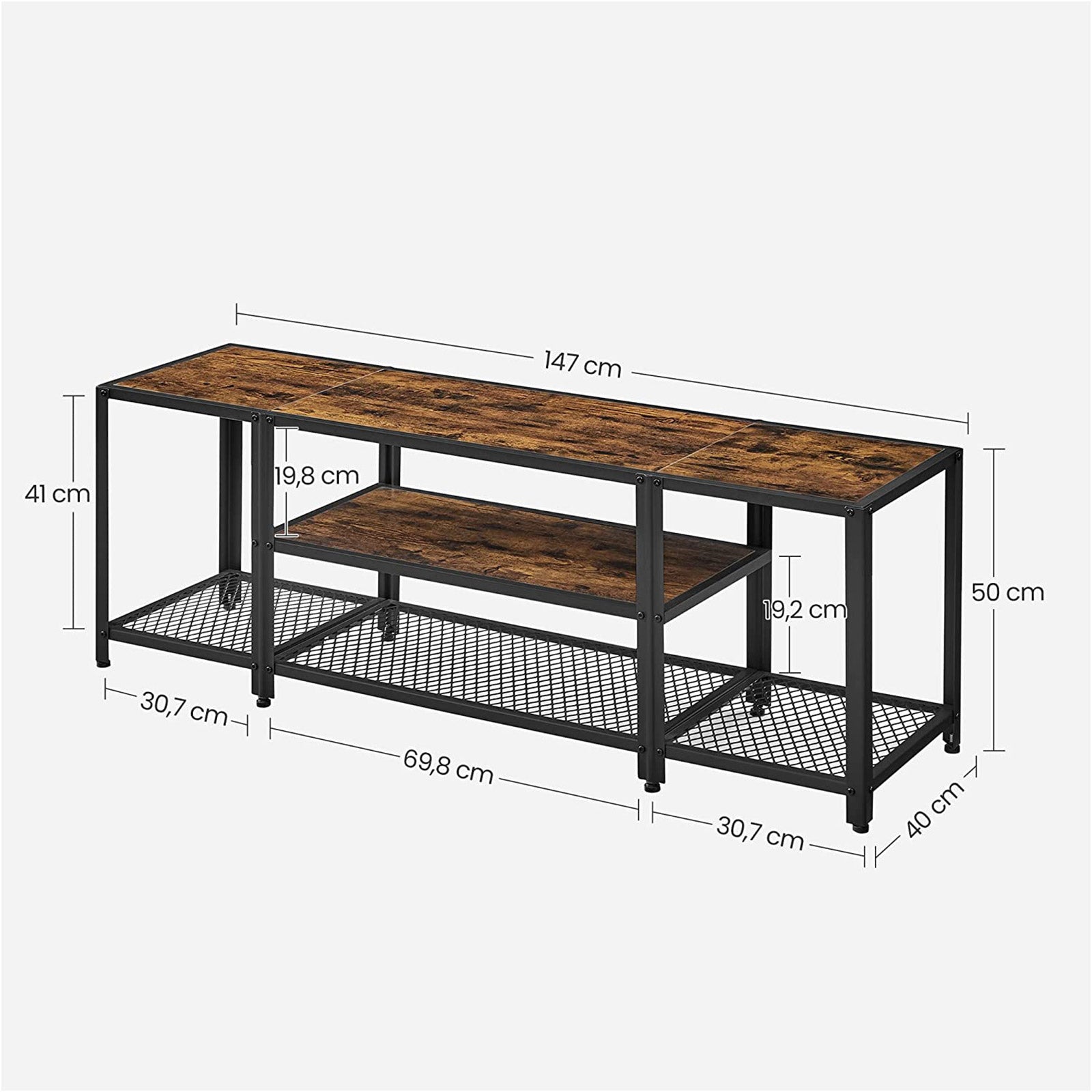 TV Stand – Wood and Metal – Rustic Brown and Black – Multi-Tier Design with Open Storage Shelves