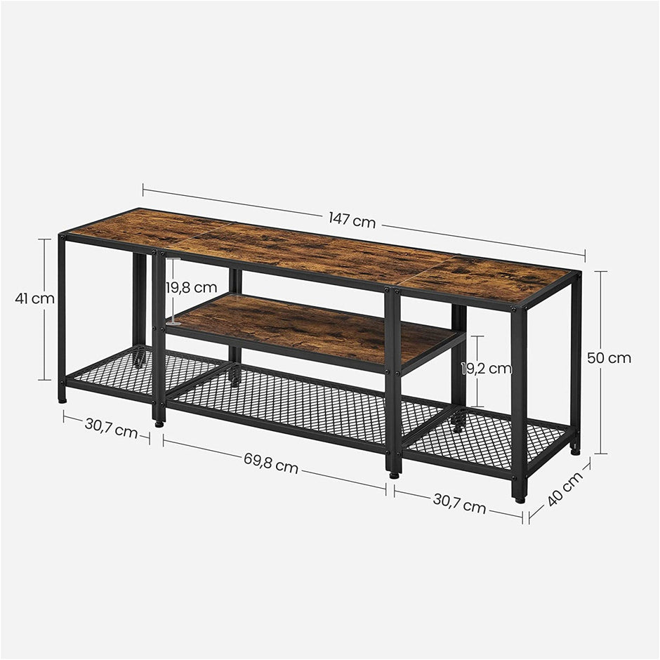 TV Stand – Wood and Metal – Rustic Brown and Black – Multi-Tier Design with Open Storage Shelves