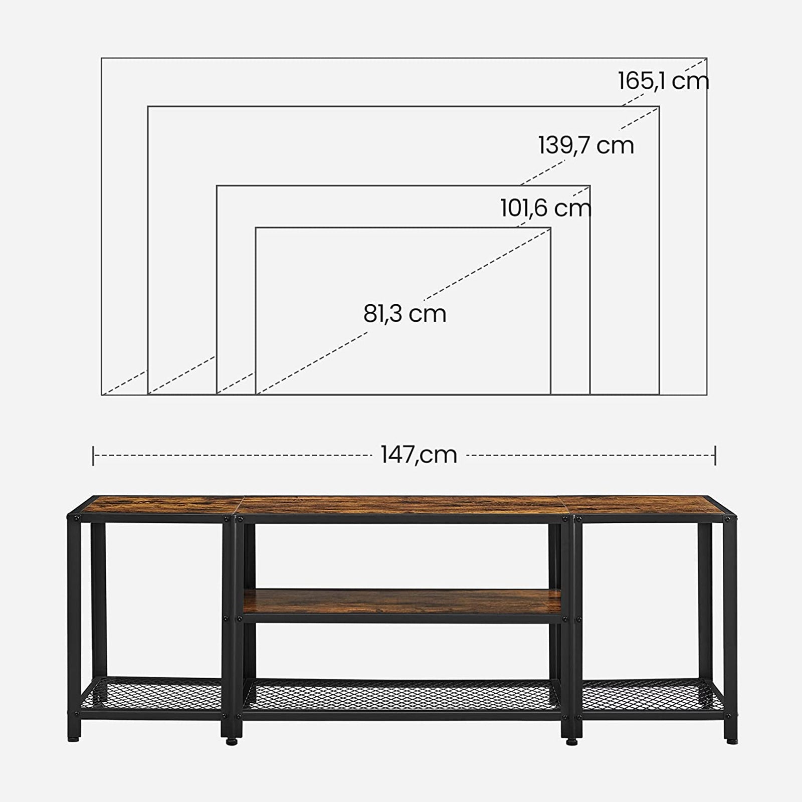 TV Stand – Wood and Metal – Rustic Brown and Black – Multi-Tier Design with Open Storage Shelves