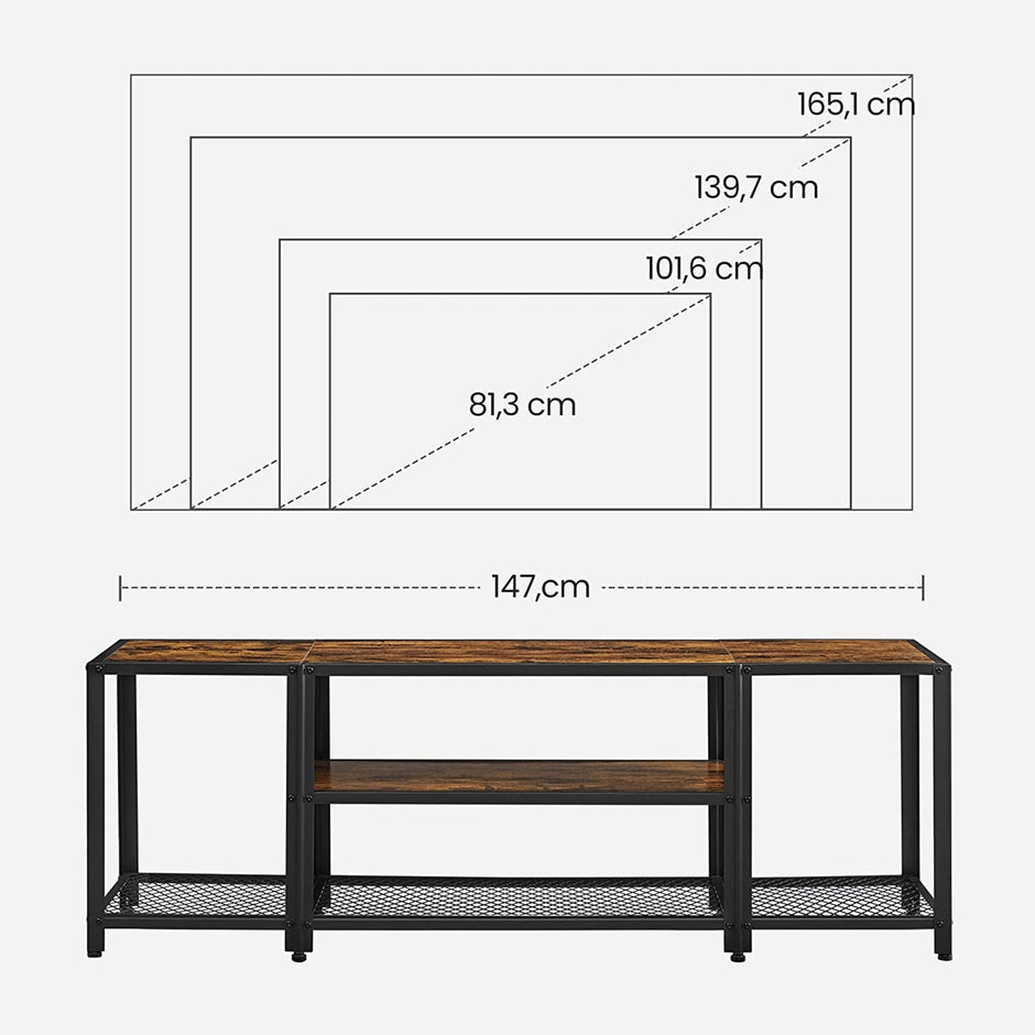 TV Stand – Wood and Metal – Rustic Brown and Black – Multi-Tier Design with Open Storage Shelves