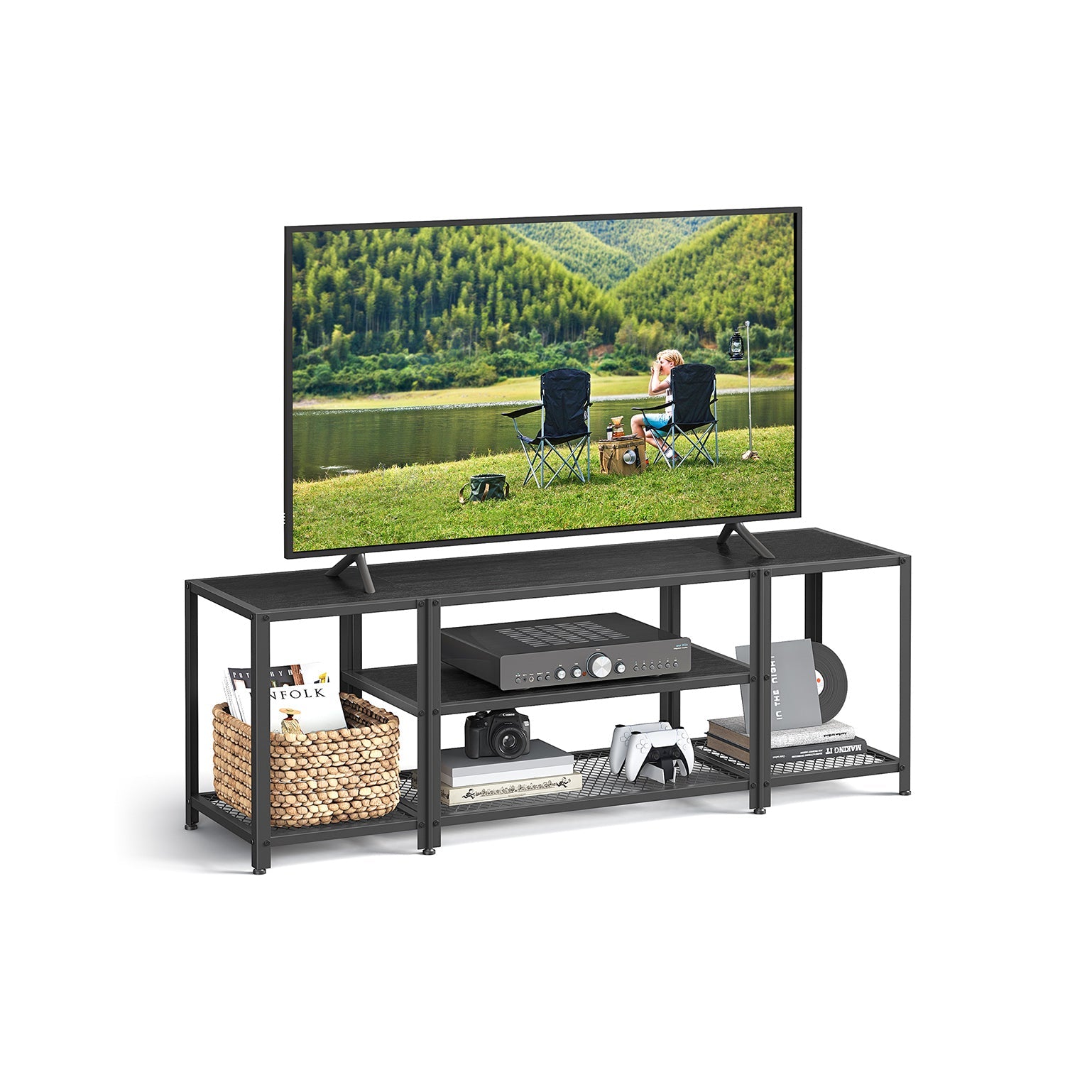 TV Stand – Wood – Charcoal Grey and Ink Black – 3-Tier Design with Open Storage Shelves for TVs up to 65 Inches