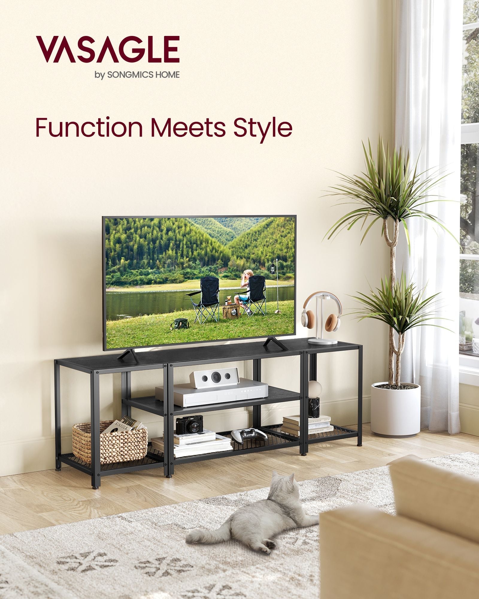 TV Stand – Wood – Charcoal Grey and Ink Black – 3-Tier Design with Open Storage Shelves for TVs up to 65 Inches