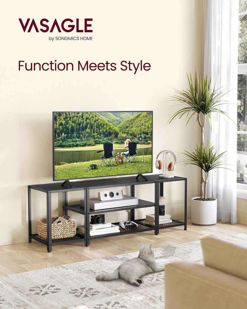 TV Stand – Wood – Charcoal Grey and Ink Black – 3-Tier Design with Open Storage Shelves for TVs up to 65 Inches