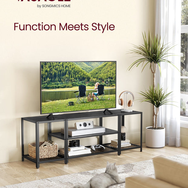TV Stand – Wood – Charcoal Grey and Ink Black – 3-Tier Design with Open Storage Shelves for TVs up to 65 Inches