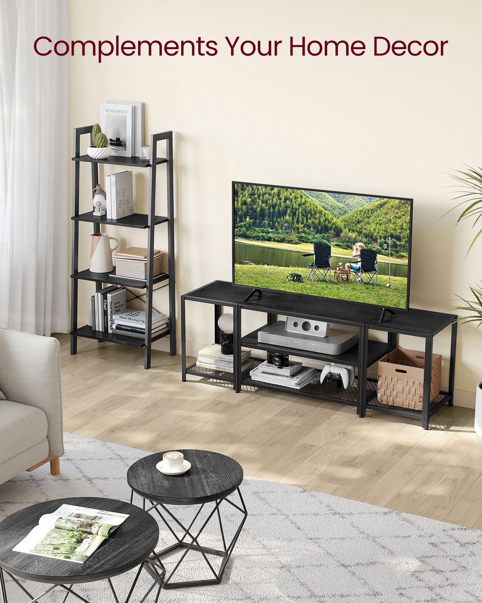 TV Stand – Wood – Charcoal Grey and Ink Black – 3-Tier Design with Open Storage Shelves for TVs up to 65 Inches