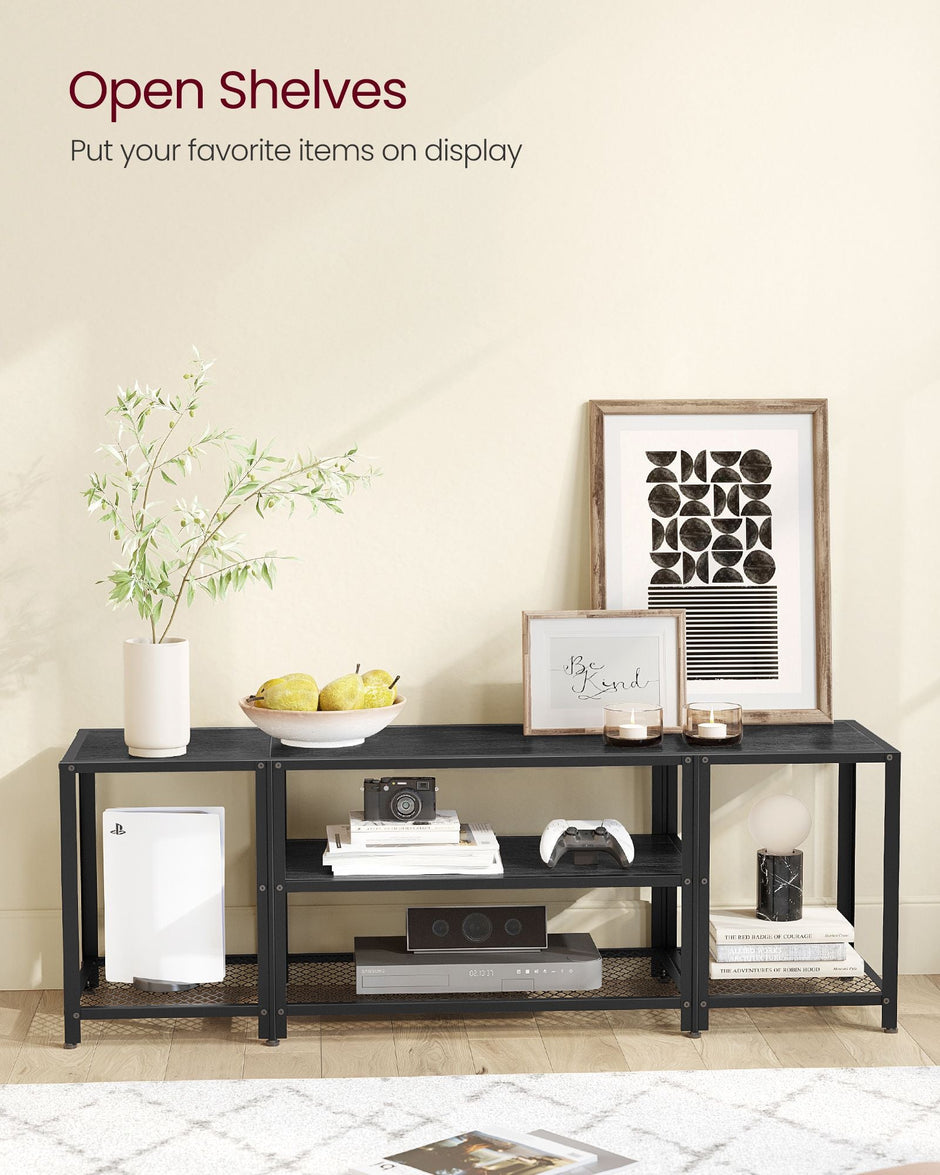 TV Stand – Wood – Charcoal Grey and Ink Black – 3-Tier Design with Open Storage Shelves for TVs up to 65 Inches