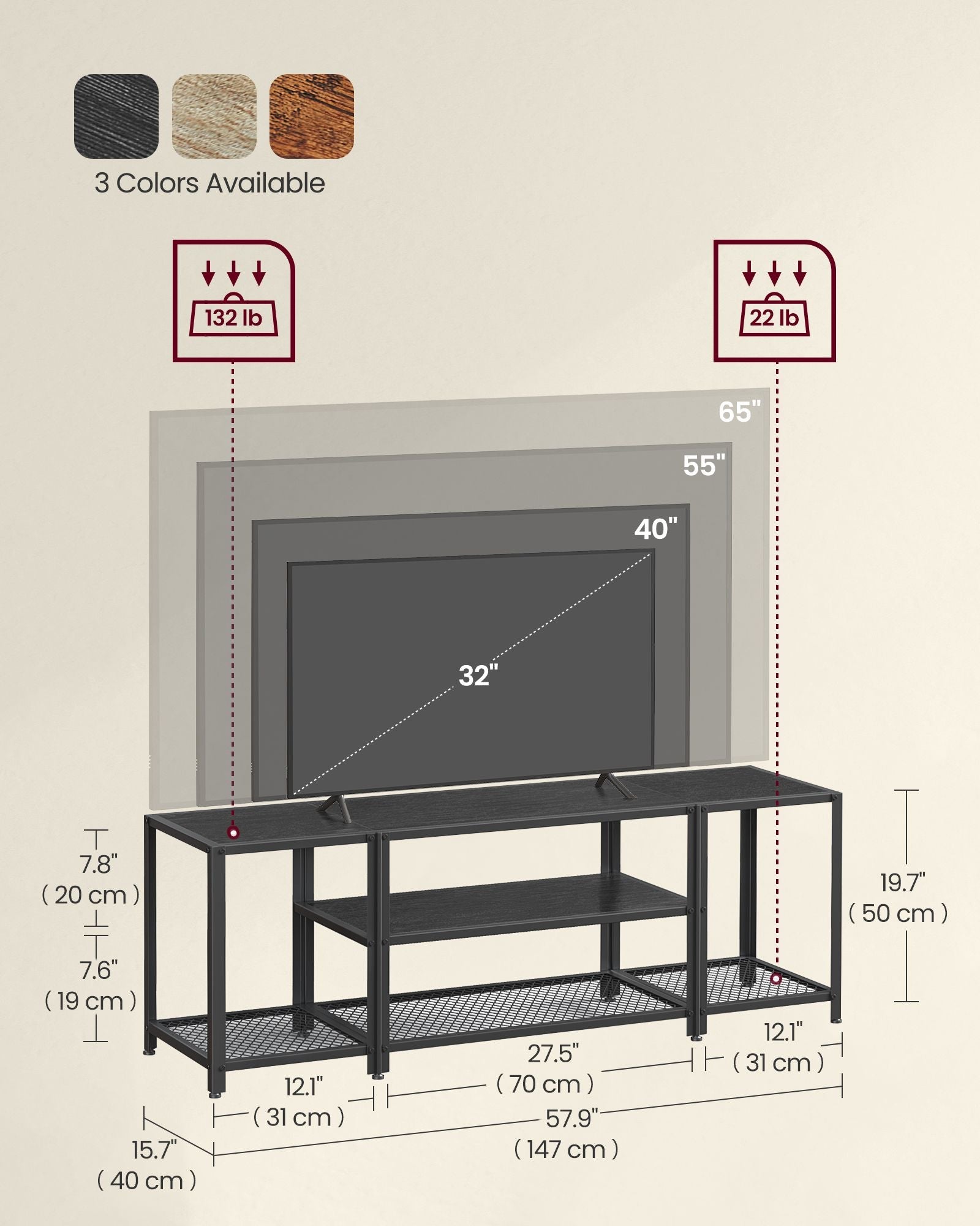 TV Stand – Wood – Charcoal Grey and Ink Black – 3-Tier Design with Open Storage Shelves for TVs up to 65 Inches