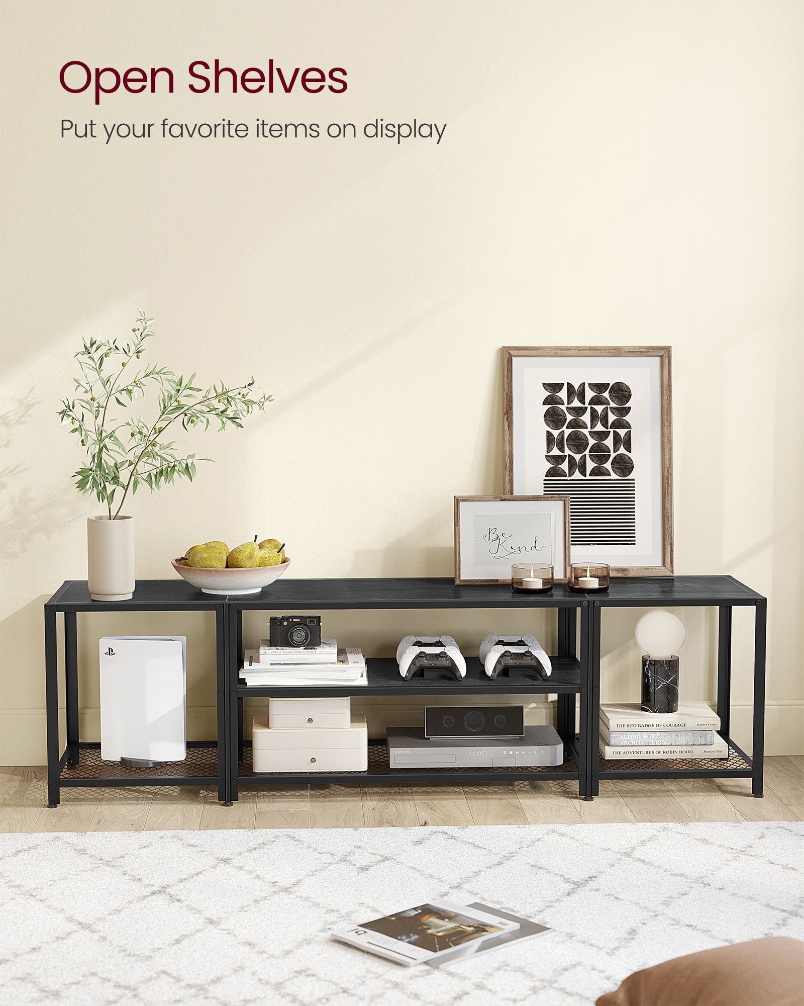 3-Tier TV Cabinet – Wood – Industrial Style – Open Shelves for TVs up to 75 Inches