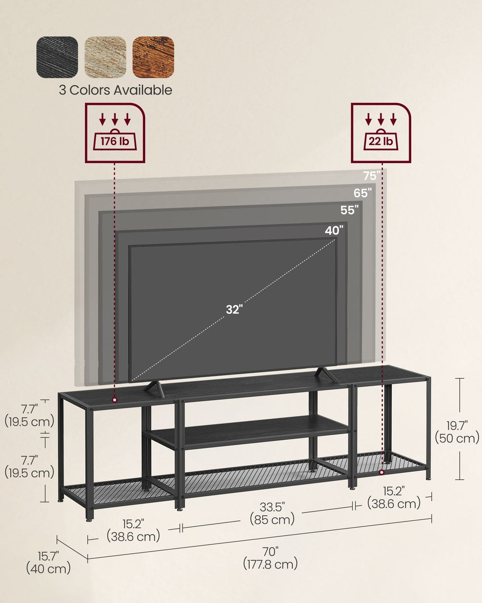 3-Tier TV Cabinet – Wood – Industrial Style – Open Shelves for TVs up to 75 Inches