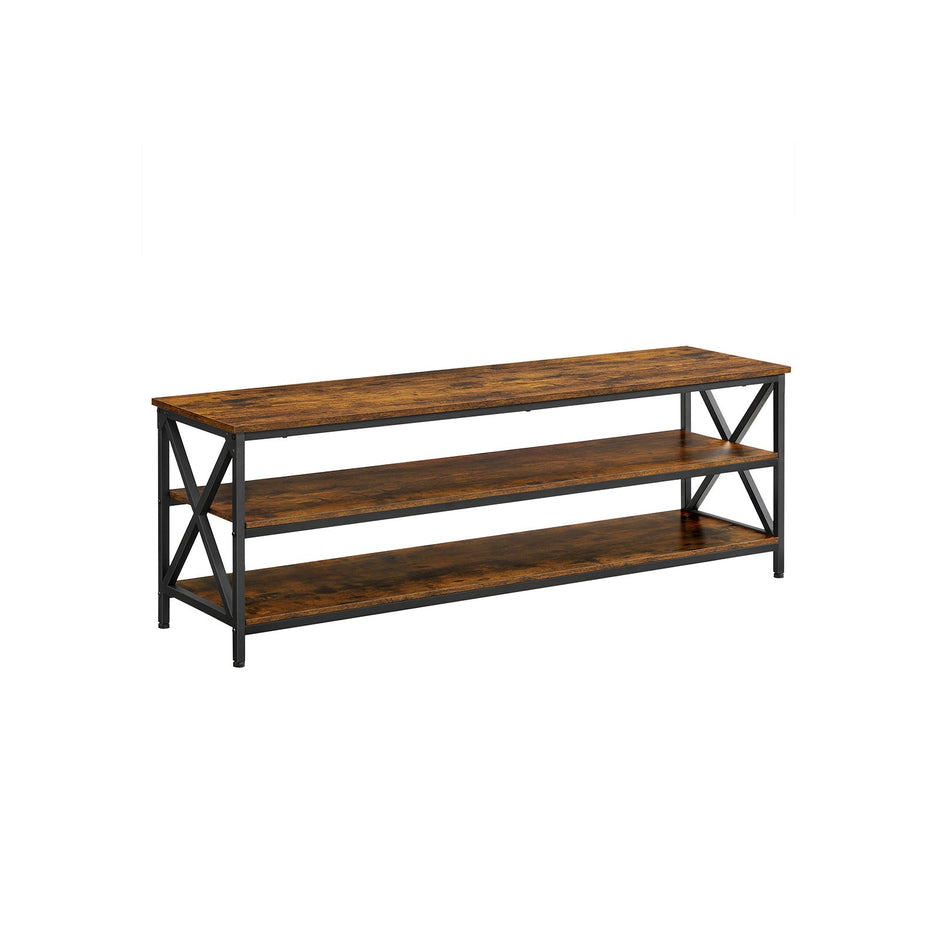 Large TV Console – Engineered Wood and Steel – Rustic Brown and Black – Farmhouse Industrial Design with Open Storage Shelves