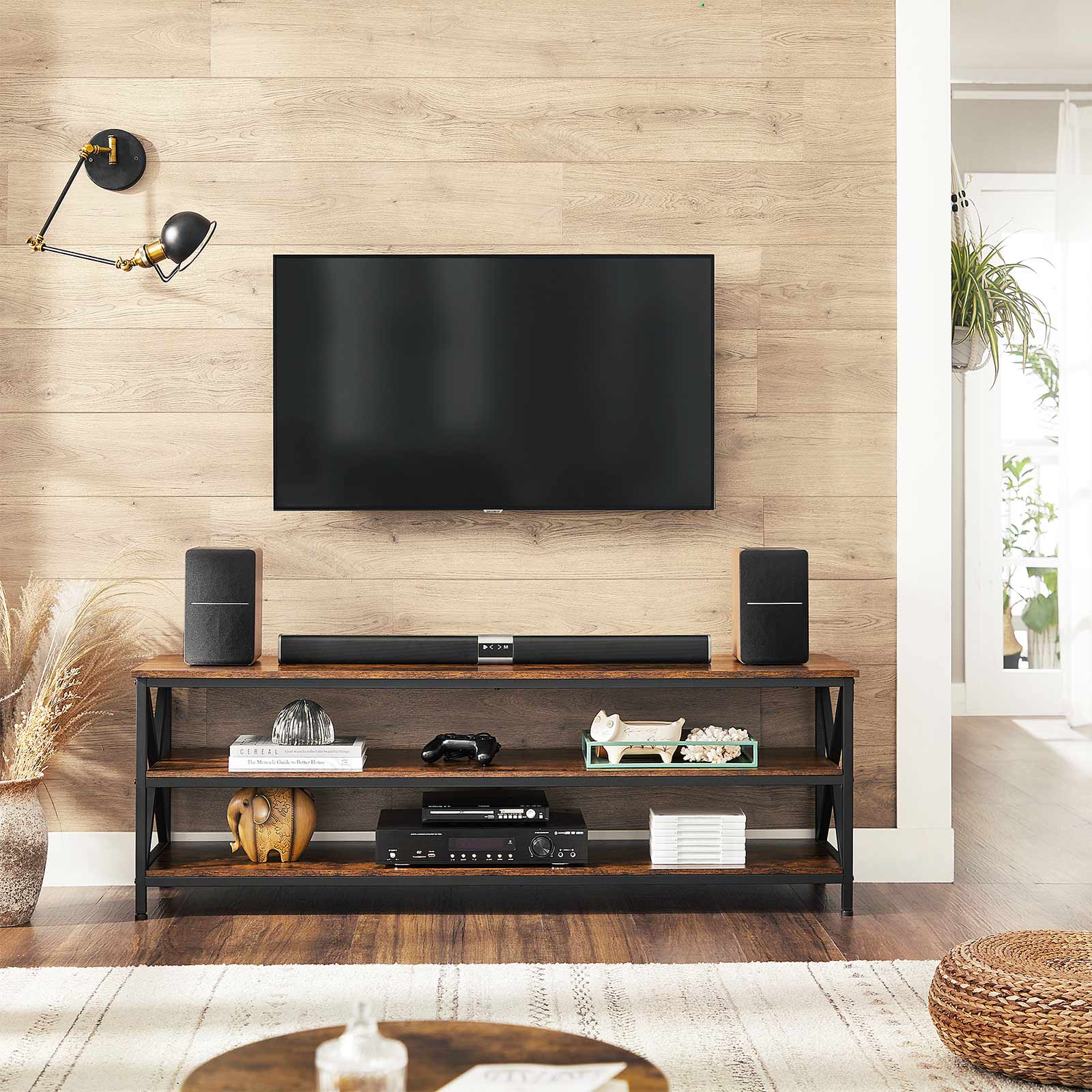 Large TV Console – Engineered Wood and Steel – Rustic Brown and Black – Farmhouse Industrial Design with Open Storage Shelves