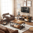 Large TV Console – Engineered Wood and Steel – Rustic Brown and Black – Farmhouse Industrial Design with Open Storage Shelves