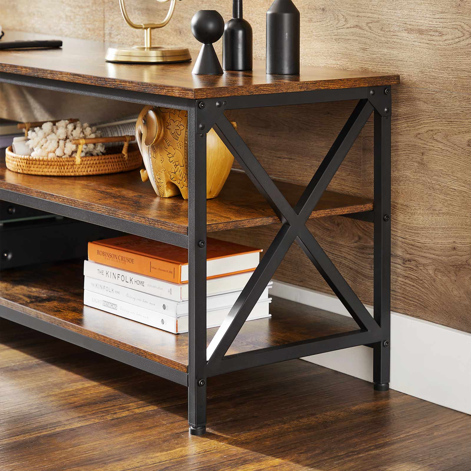 Large TV Console – Engineered Wood and Steel – Rustic Brown and Black – Farmhouse Industrial Design with Open Storage Shelves