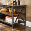Large TV Console – Engineered Wood and Steel – Rustic Brown and Black – Farmhouse Industrial Design with Open Storage Shelves