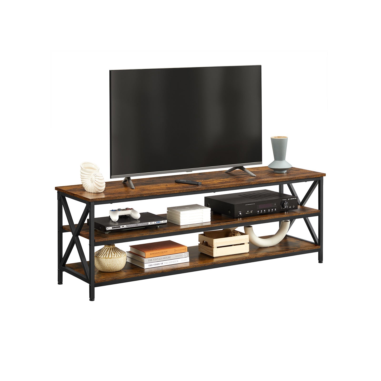 Large TV Console – Engineered Wood and Steel – Rustic Brown and Black – Farmhouse Industrial Design with Open Storage Shelves