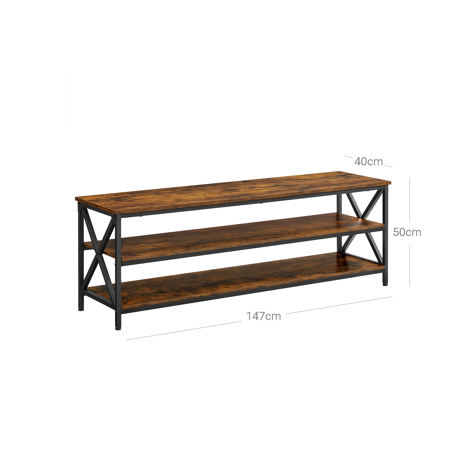 Large TV Console – Engineered Wood and Steel – Rustic Brown and Black – Farmhouse Industrial Design with Open Storage Shelves