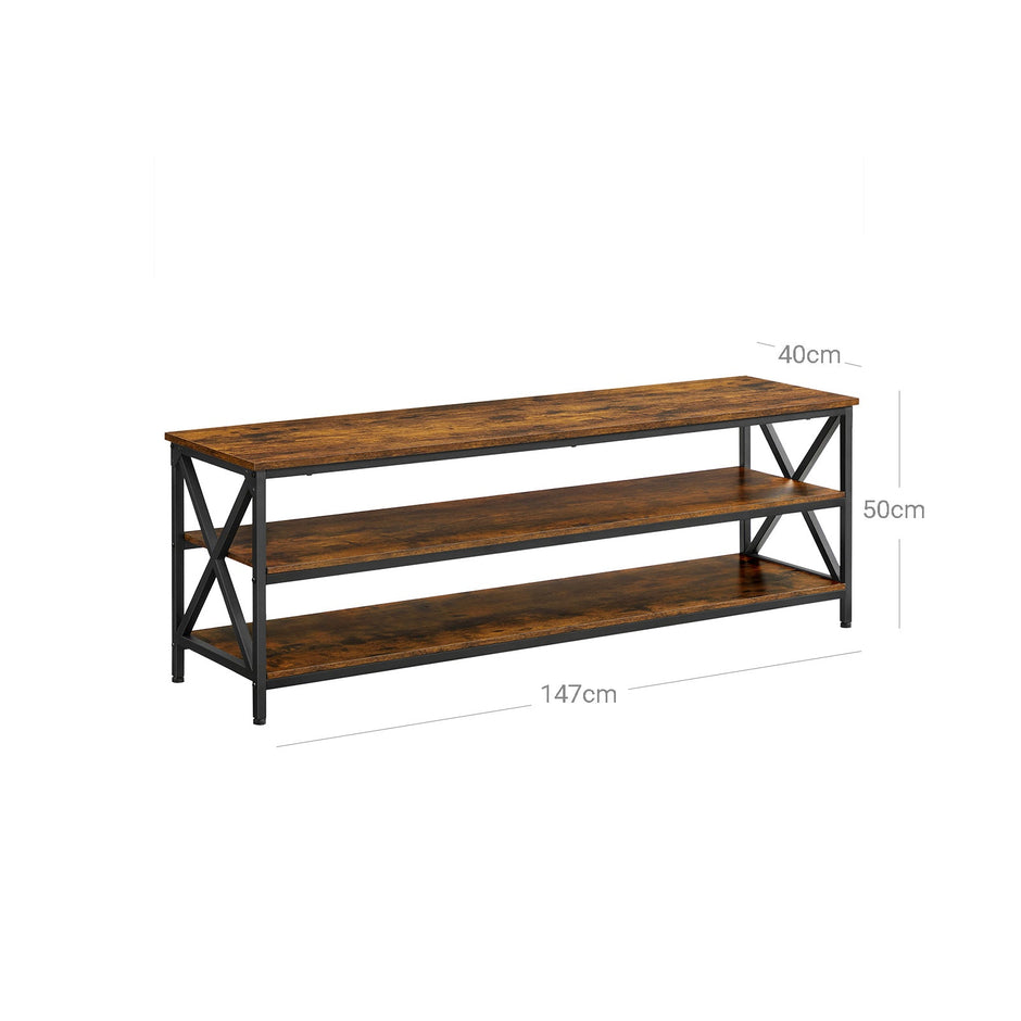 Large TV Console – Engineered Wood and Steel – Rustic Brown and Black – Farmhouse Industrial Design with Open Storage Shelves