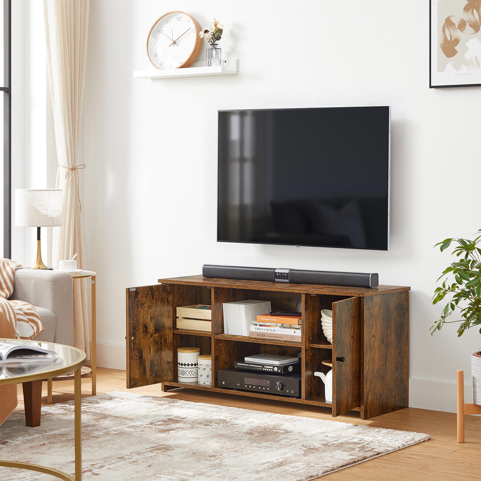 TV Stand – Wood – Rustic Brown – Open Storage with Adjustable Shelves and Cable Management