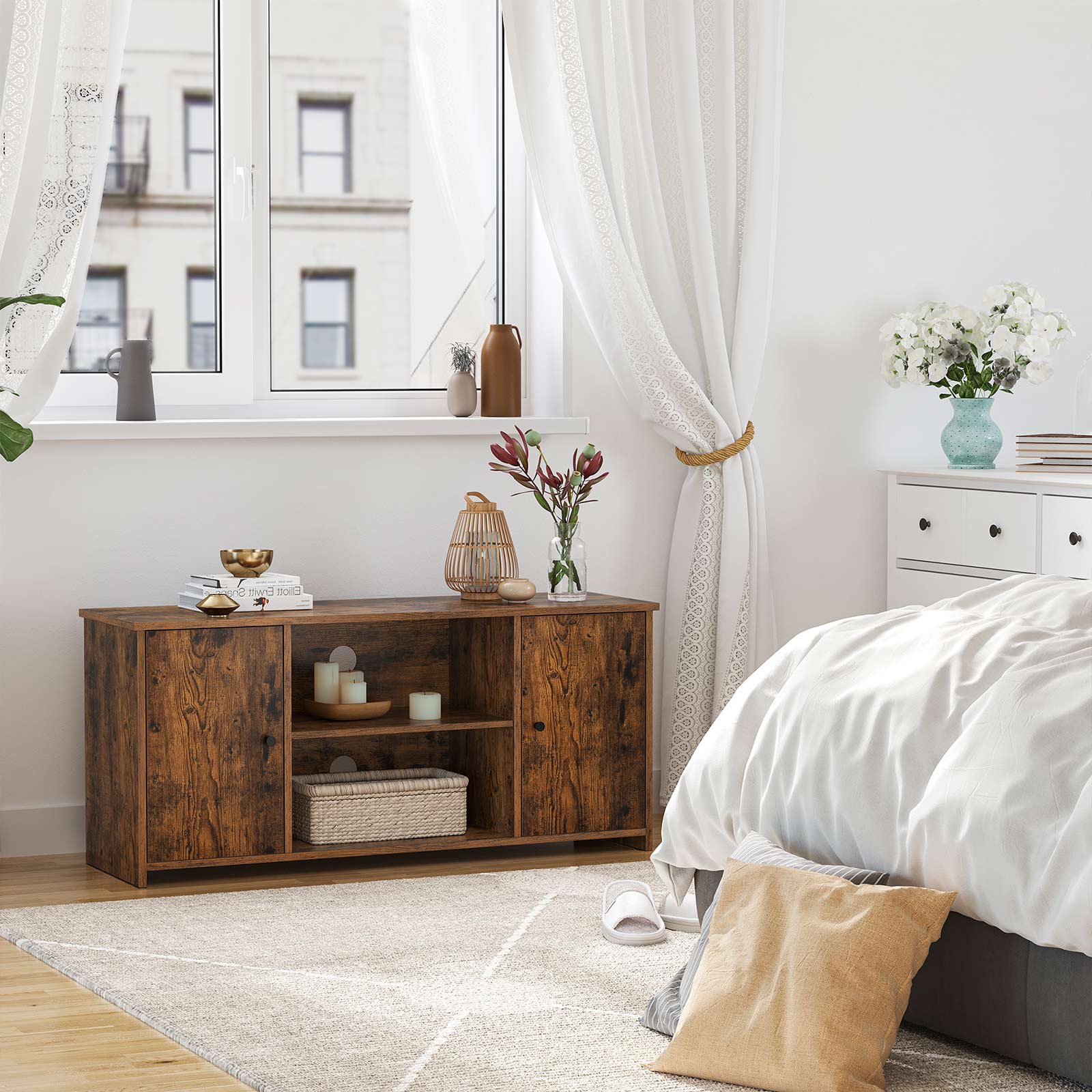 TV Stand – Wood – Rustic Brown – Open Storage with Adjustable Shelves and Cable Management