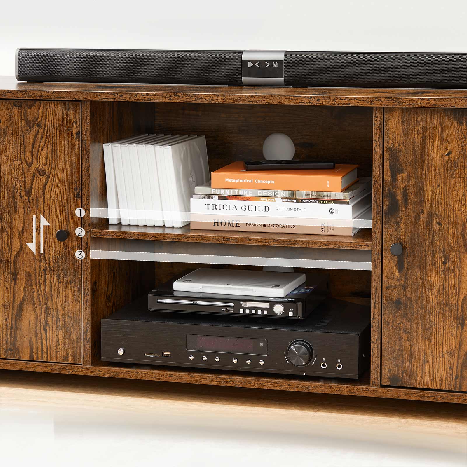 TV Stand – Wood – Rustic Brown – Open Storage with Adjustable Shelves and Cable Management