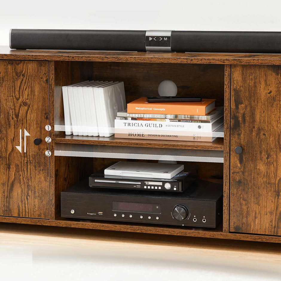 TV Stand – Wood – Rustic Brown – Open Storage with Adjustable Shelves and Cable Management