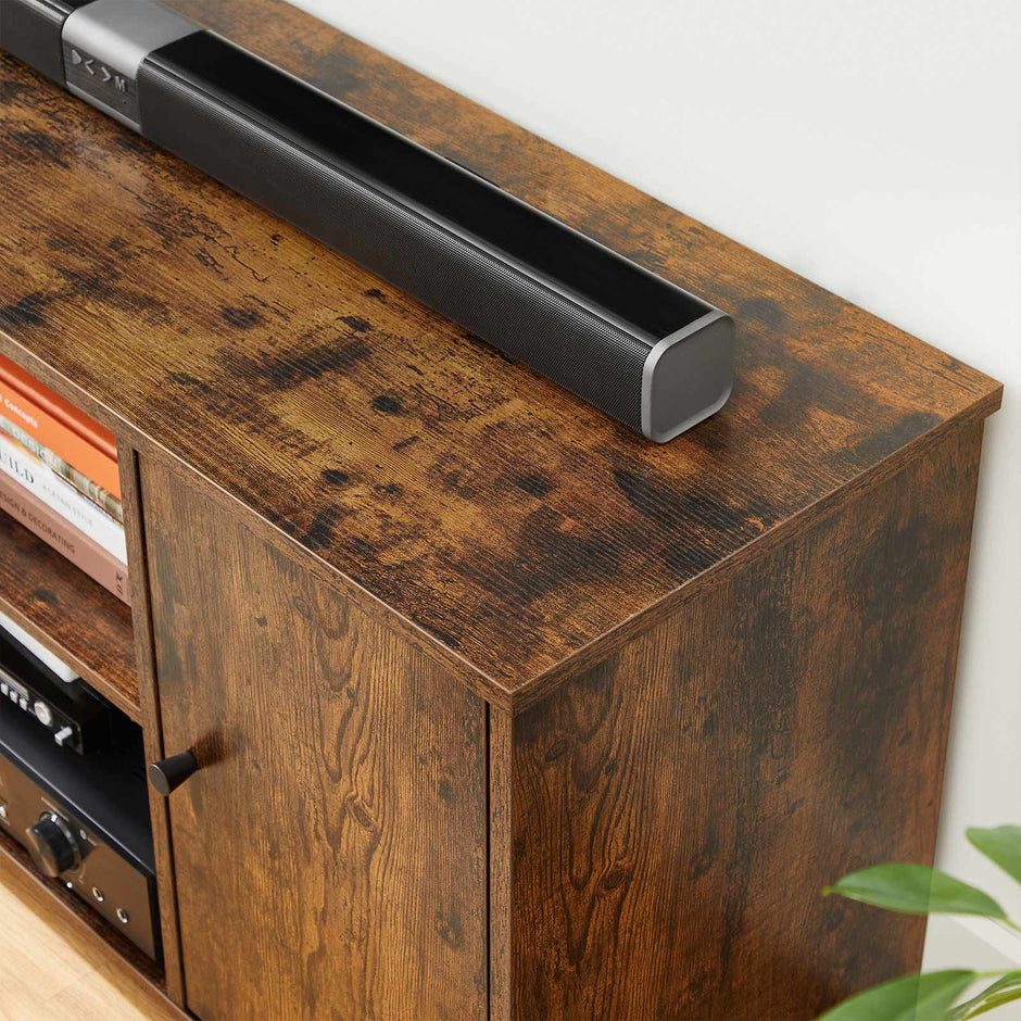 TV Stand – Wood – Rustic Brown – Open Storage with Adjustable Shelves and Cable Management