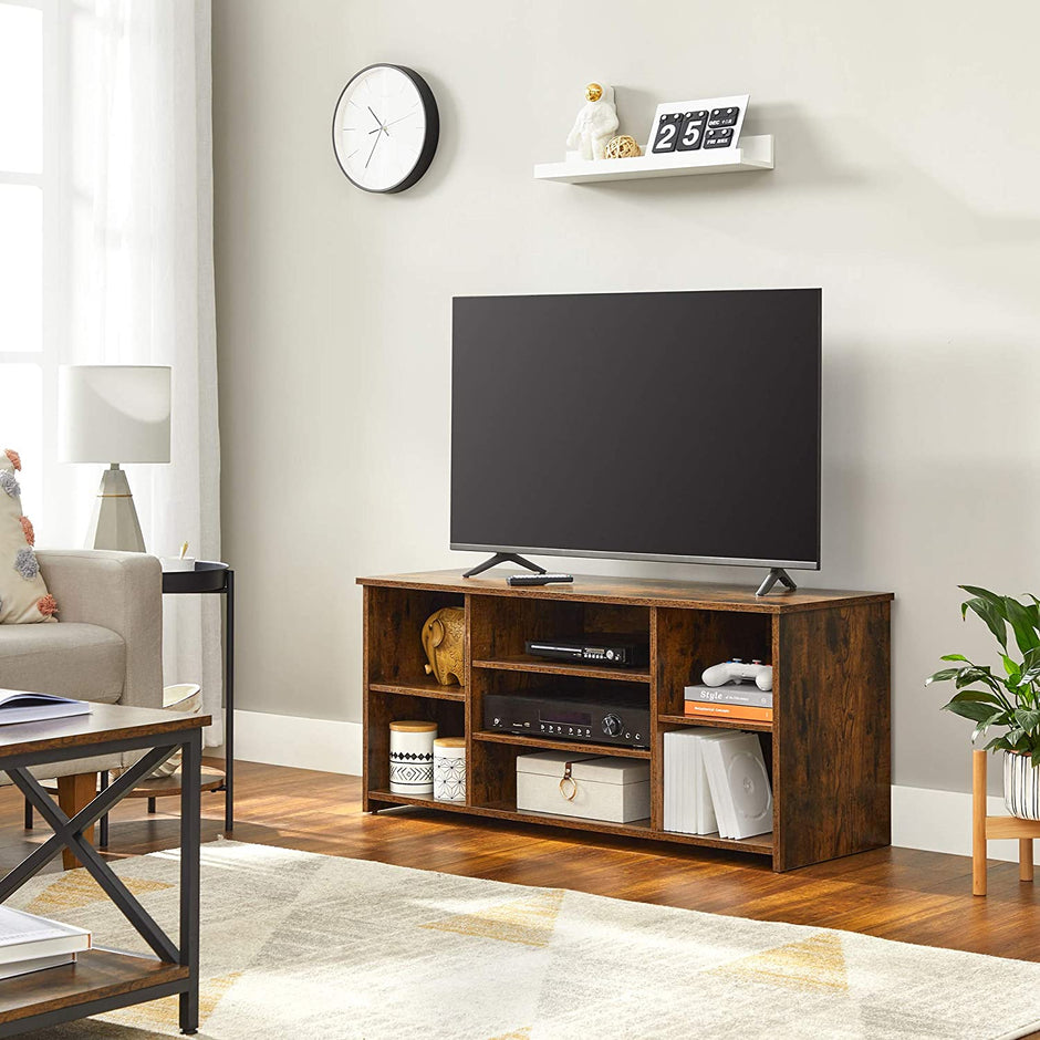 TV Stand – Engineered Wood – Rustic Brown – Adjustable Shelves with 7 Open Compartments