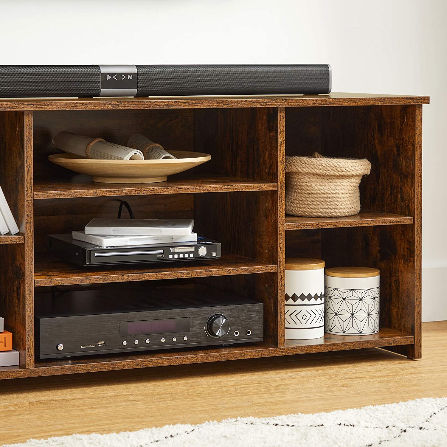 TV Stand – Engineered Wood – Rustic Brown – Adjustable Shelves with 7 Open Compartments