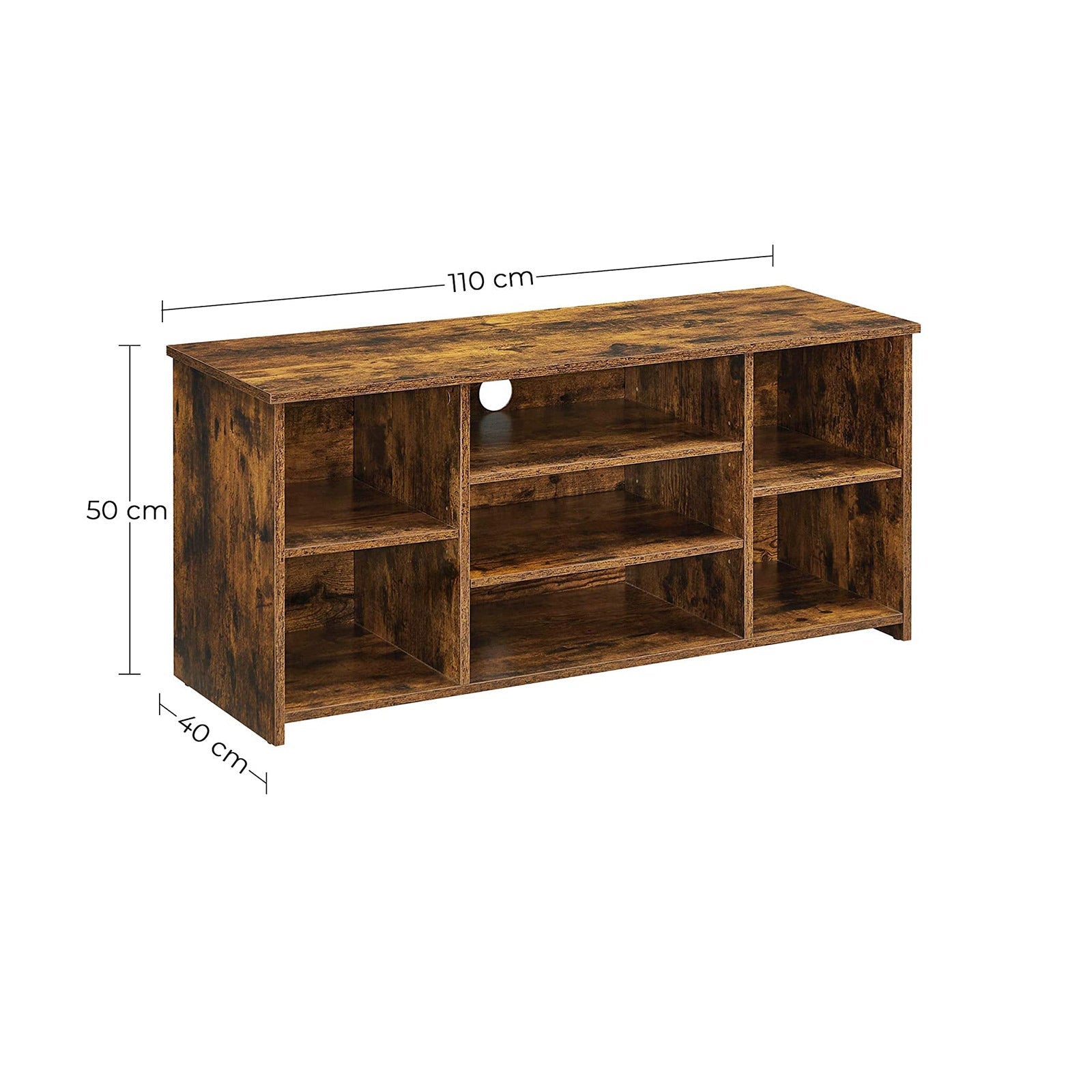 TV Stand – Engineered Wood – Rustic Brown – Adjustable Shelves with 7 Open Compartments