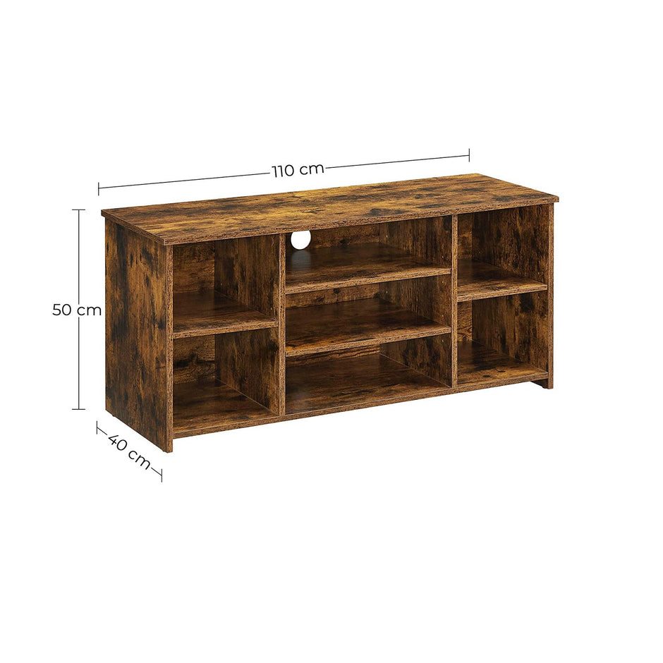 TV Stand – Engineered Wood – Rustic Brown – Adjustable Shelves with 7 Open Compartments