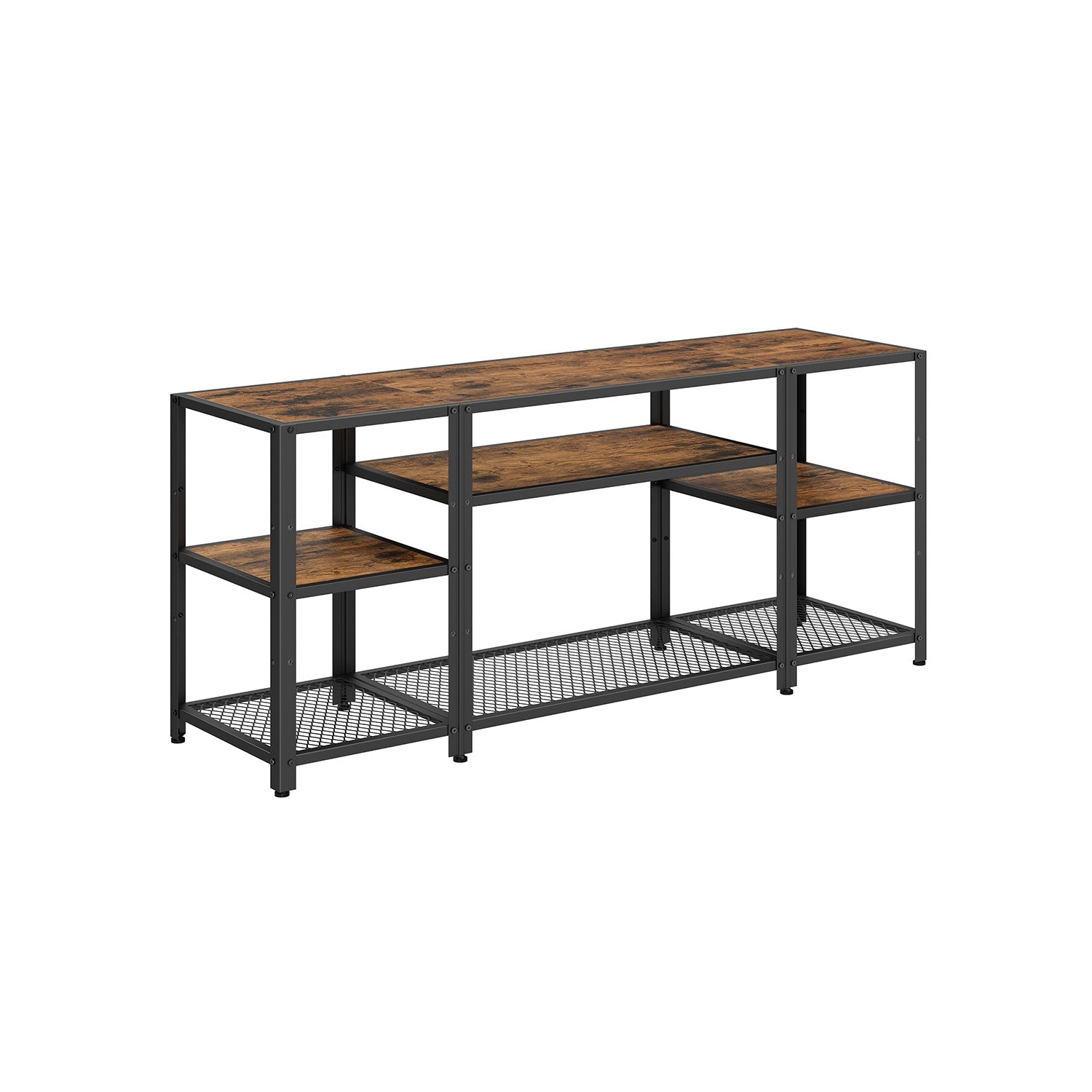 TV Stand – Wood – Rustic Brown and Ink Black – Industrial Design with Open Storage Shelves