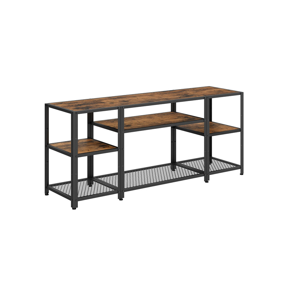 TV Stand – Wood – Rustic Brown and Ink Black – Industrial Design with Open Storage Shelves