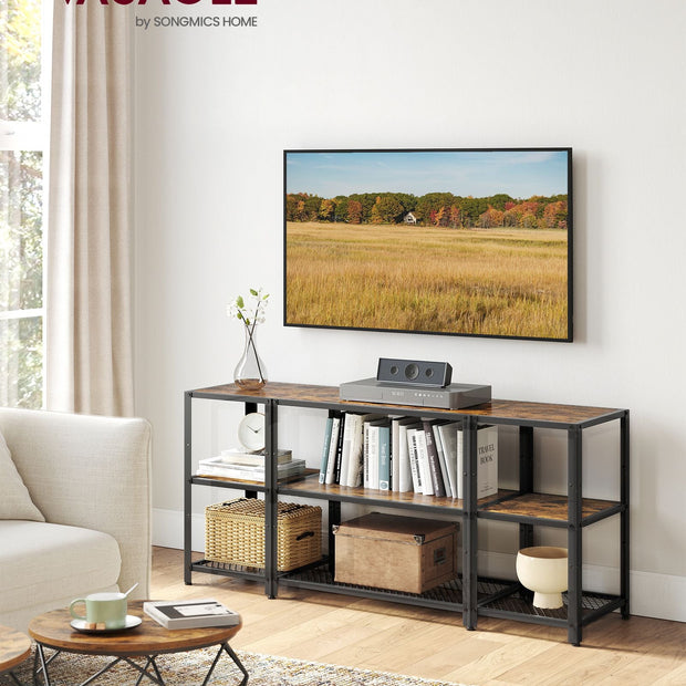 TV Stand – Wood – Rustic Brown and Ink Black – Industrial Design with Open Storage Shelves
