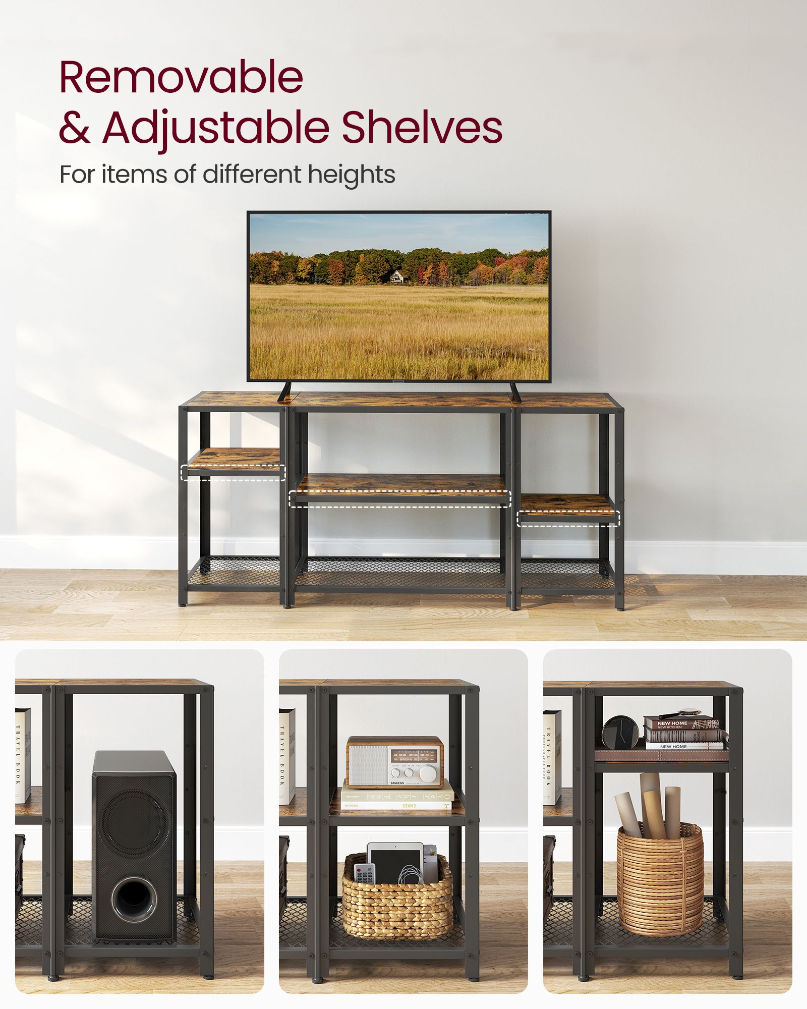TV Stand – Wood – Rustic Brown and Ink Black – Industrial Design with Open Storage Shelves