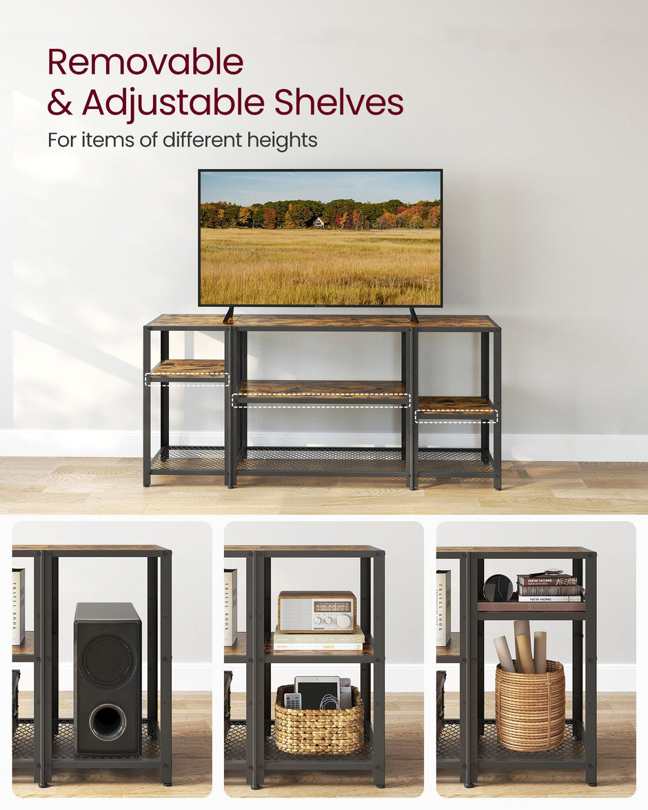 TV Stand – Wood – Rustic Brown and Ink Black – Industrial Design with Open Storage Shelves