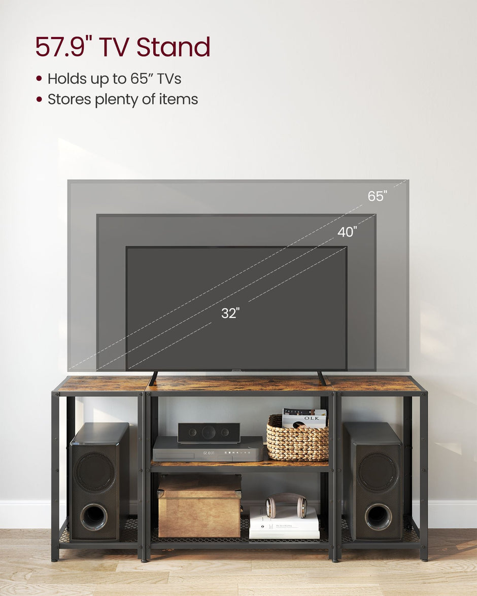 TV Stand – Wood – Rustic Brown and Ink Black – Industrial Design with Open Storage Shelves