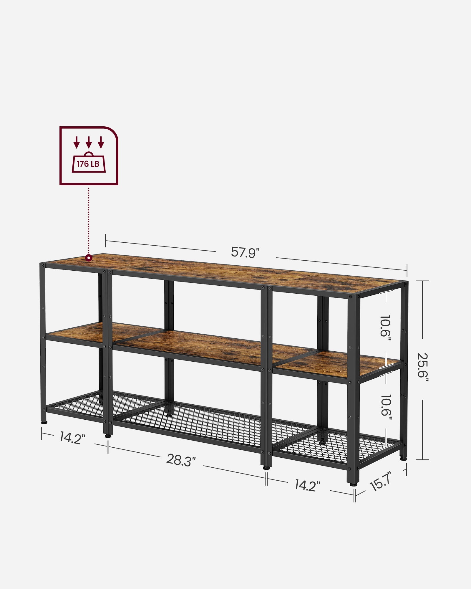 TV Stand – Wood – Rustic Brown and Ink Black – Industrial Design with Open Storage Shelves