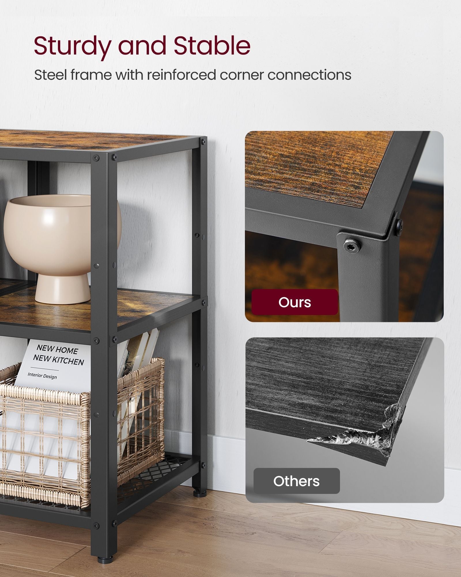 TV Stand – Wood – Rustic Brown and Ink Black – Industrial Design with Open Storage Shelves