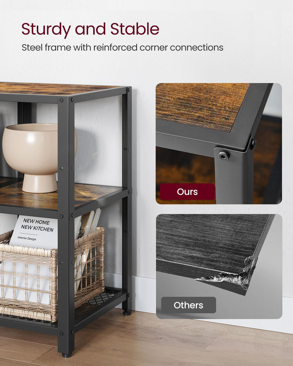 TV Stand – Wood – Rustic Brown and Ink Black – Industrial Design with Open Storage Shelves