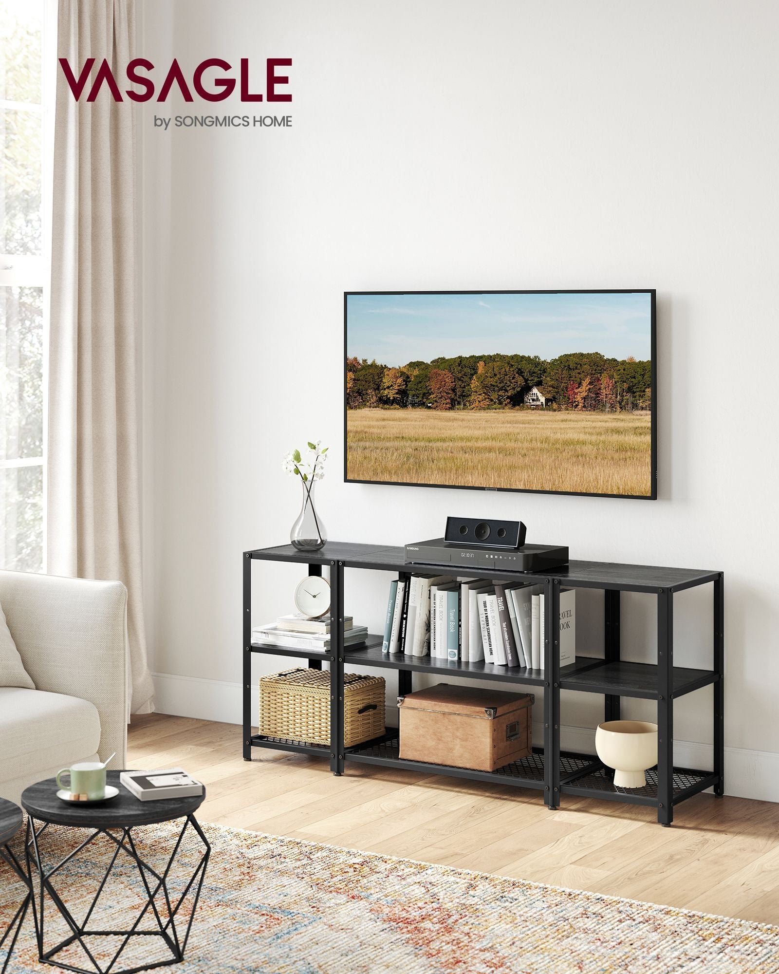 TV Stand – Engineered Wood – Charcoal Grey and Ink Black – Industrial Design with Open Storage Shelves