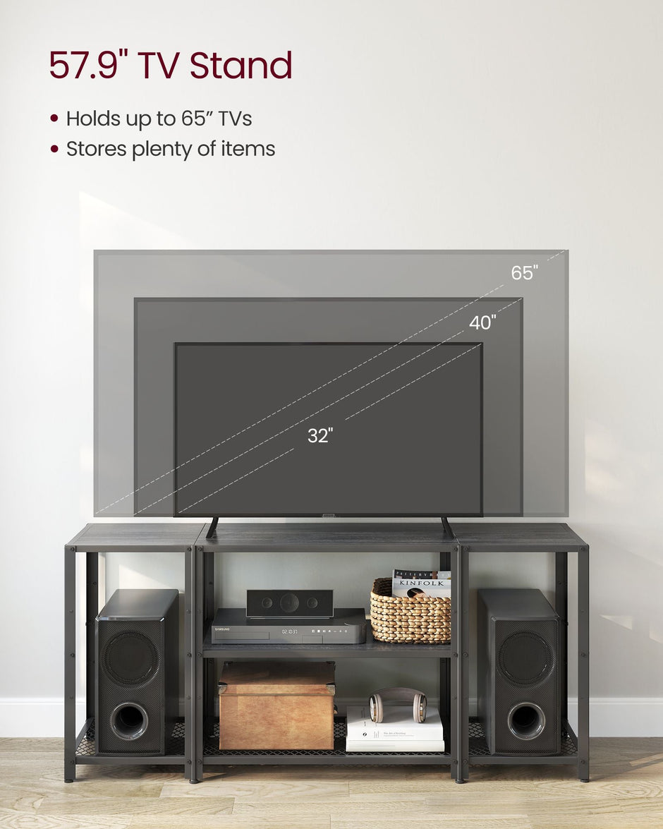 TV Stand – Engineered Wood – Charcoal Grey and Ink Black – Industrial Design with Open Storage Shelves