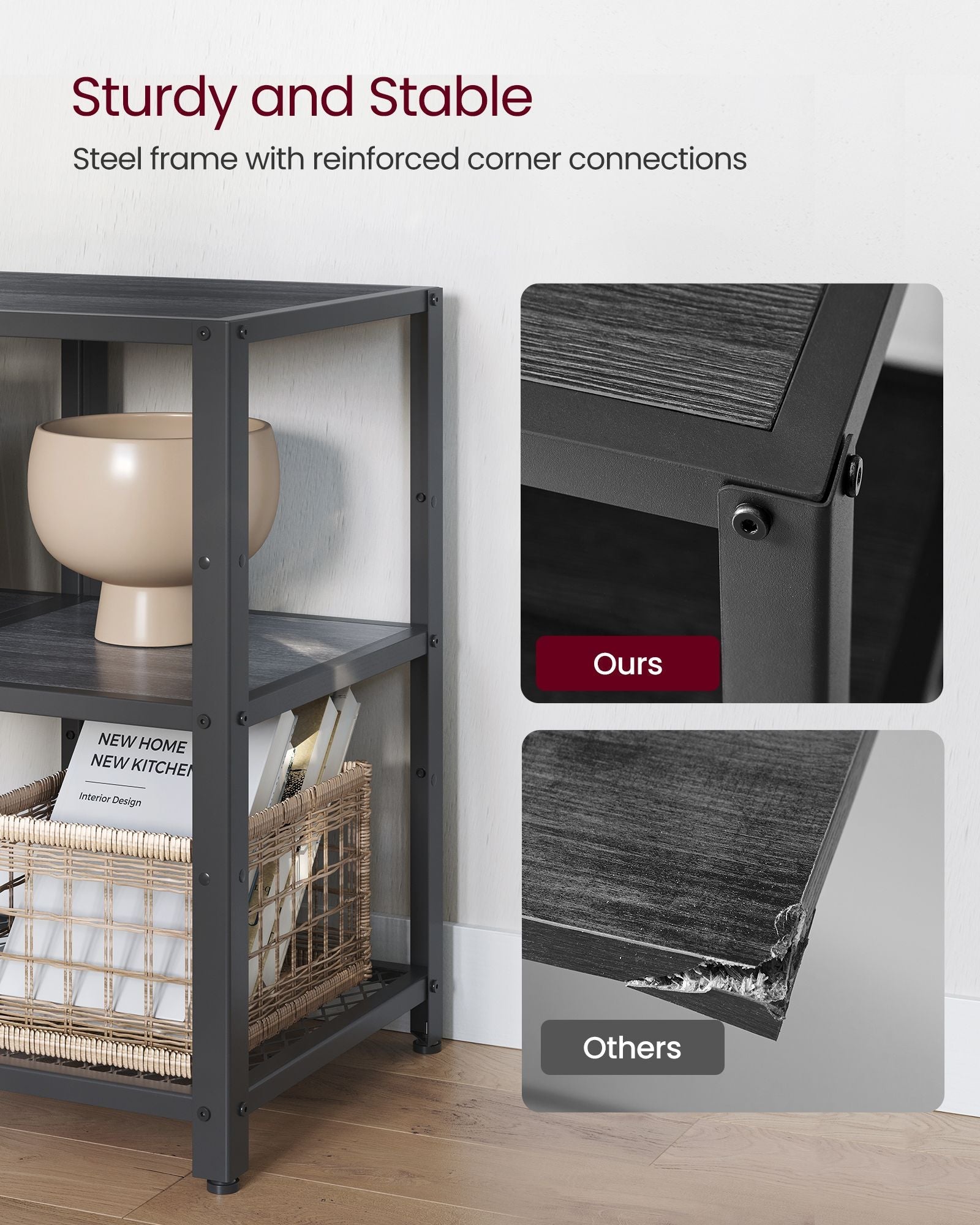 TV Stand – Engineered Wood – Charcoal Grey and Ink Black – Industrial Design with Open Storage Shelves