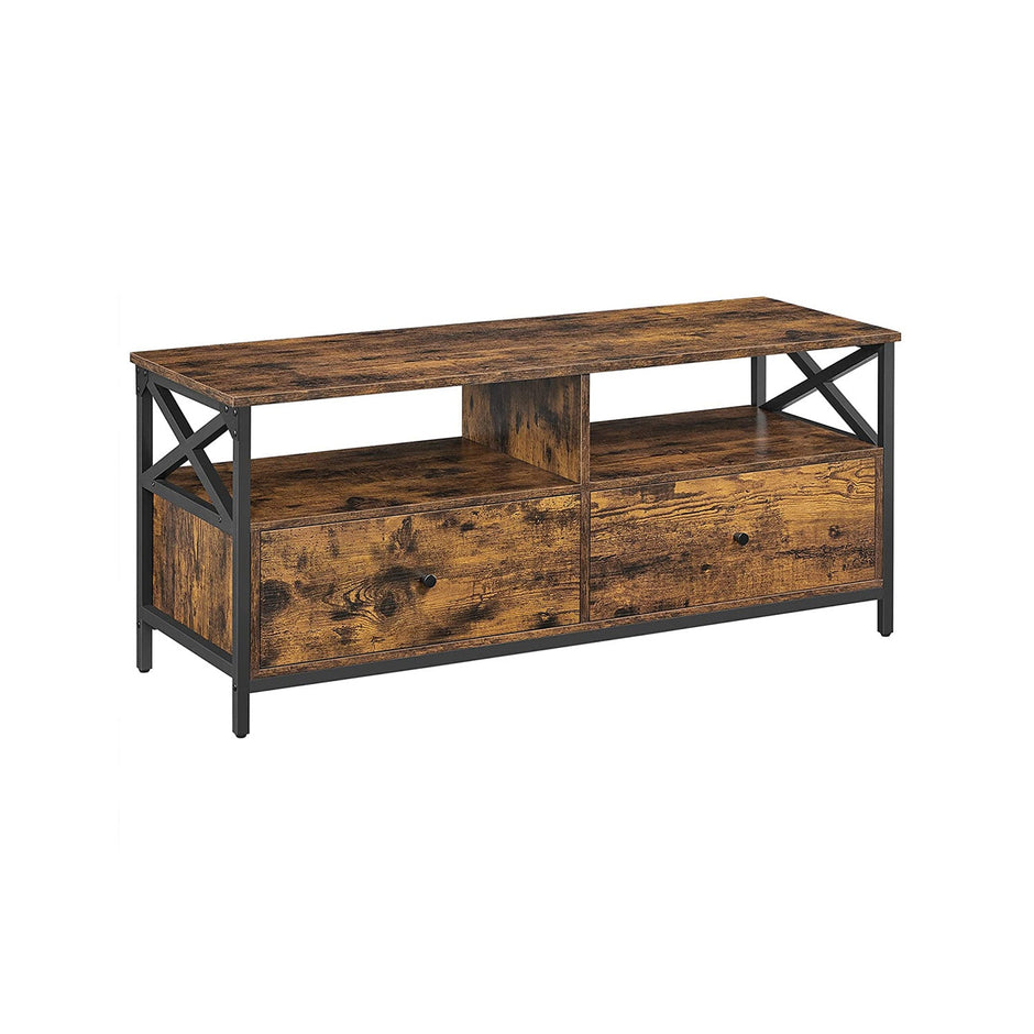 TV Stand – Steel – Rustic Brown and Black – Industrial Style with 2 Drawers and 2 Storage Shelves