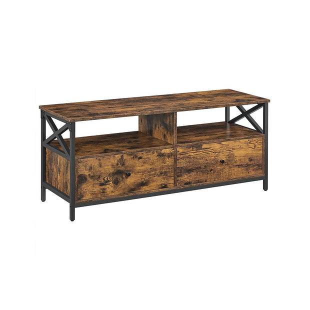 TV Stand – Steel – Rustic Brown and Black – Industrial Style with 2 Drawers and 2 Storage Shelves