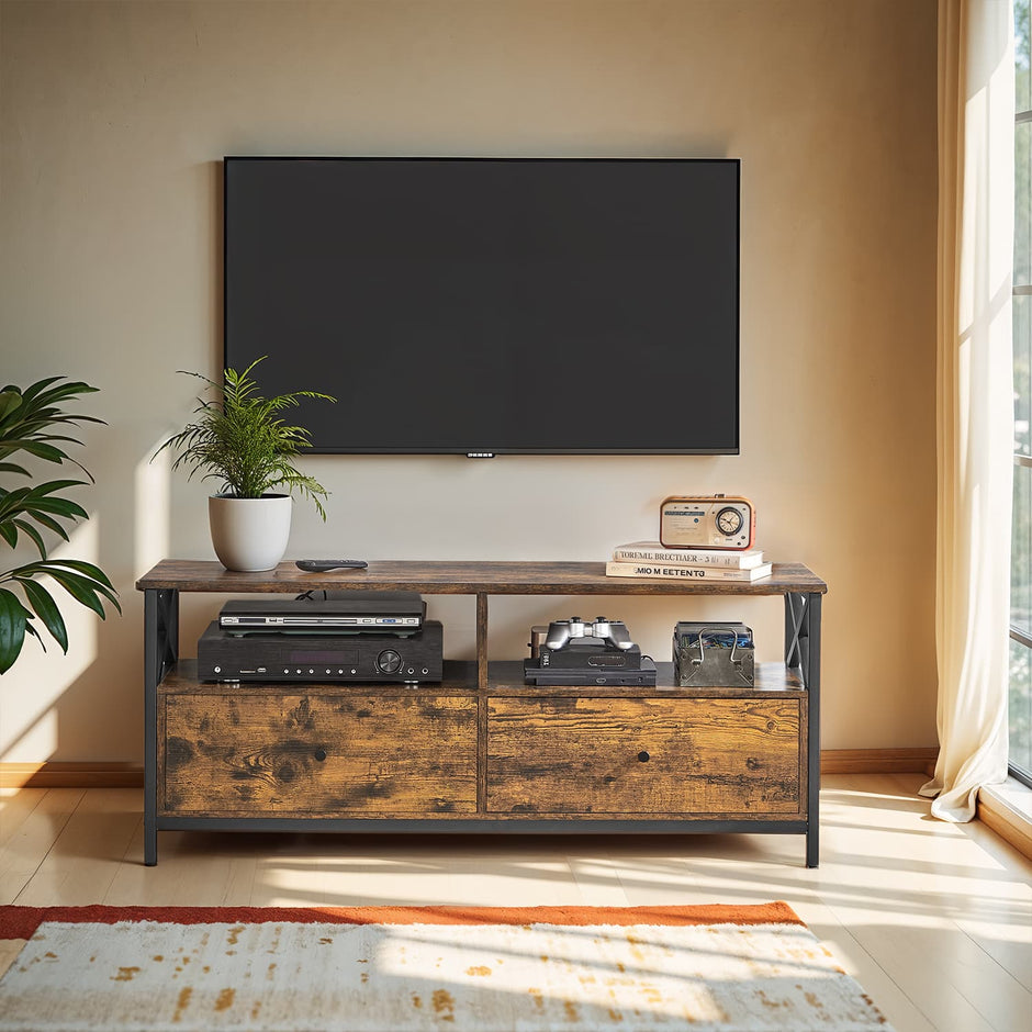 Media Console Table – Steel – Rustic Brown and Black – Industrial Style with 2 Drawers and 2 Storage Shelves