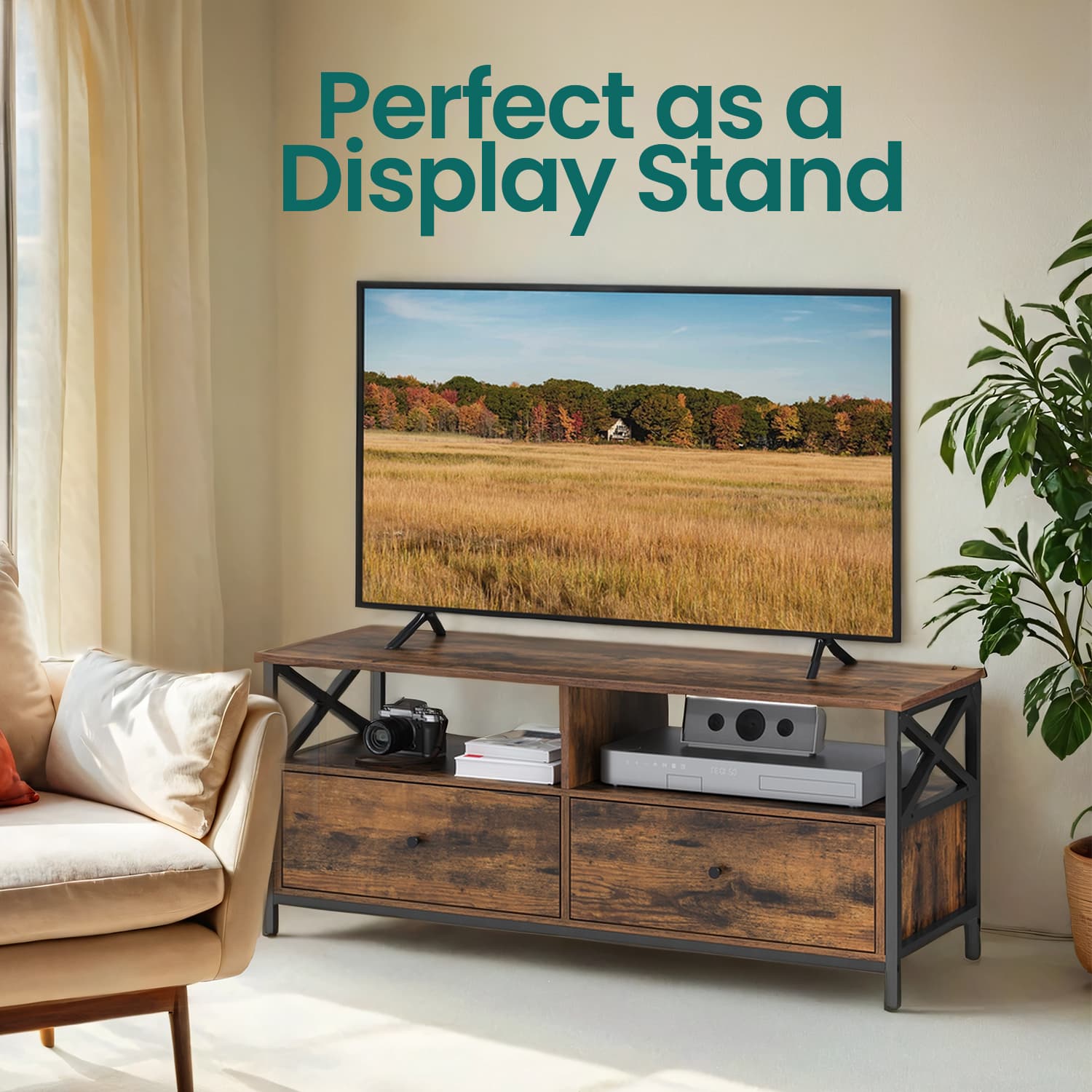 Media Console Table – Steel – Rustic Brown and Black – Industrial Style with 2 Drawers and 2 Storage Shelves