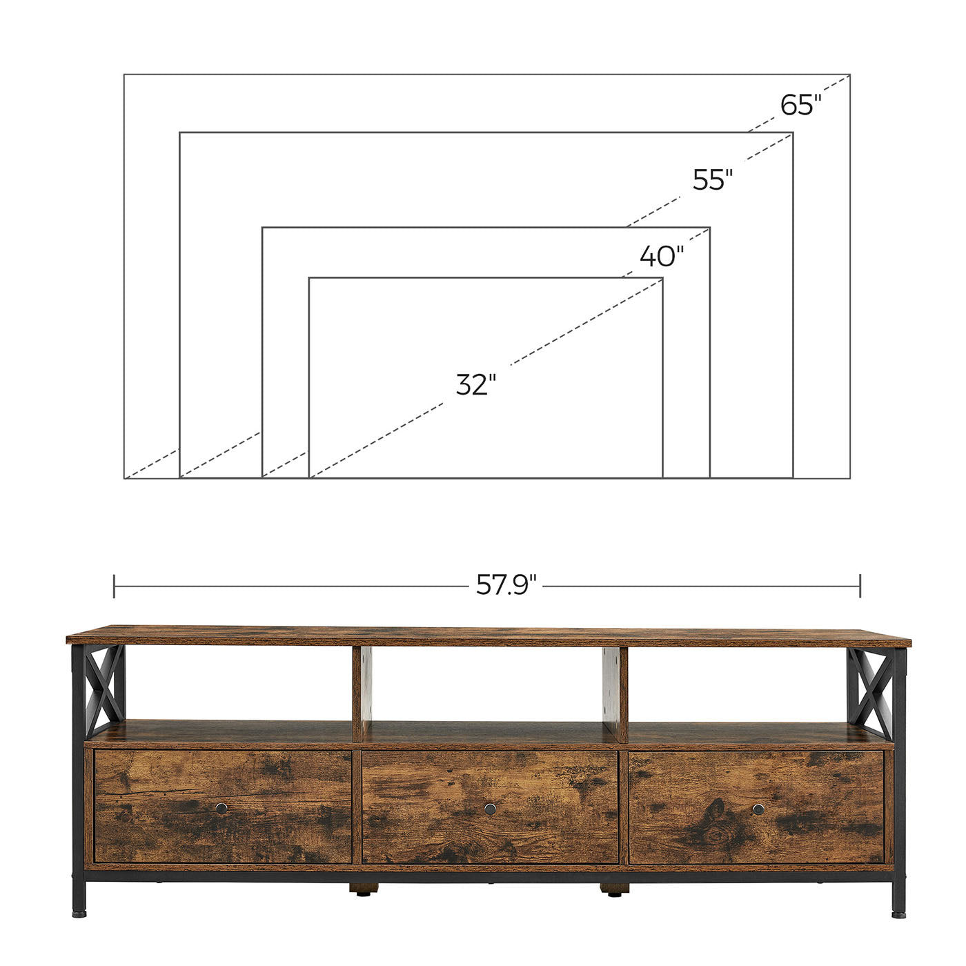 Media Console Table – Steel – Rustic Brown and Black – 2 Drawers and Storage Shelves